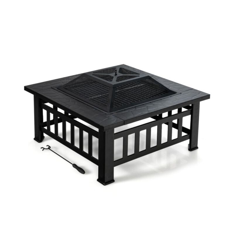 Hivvago 32 Inch 3 in 1 Outdoor Square Fire Pit Table with BBQ Grill and Rain Cover for Camping