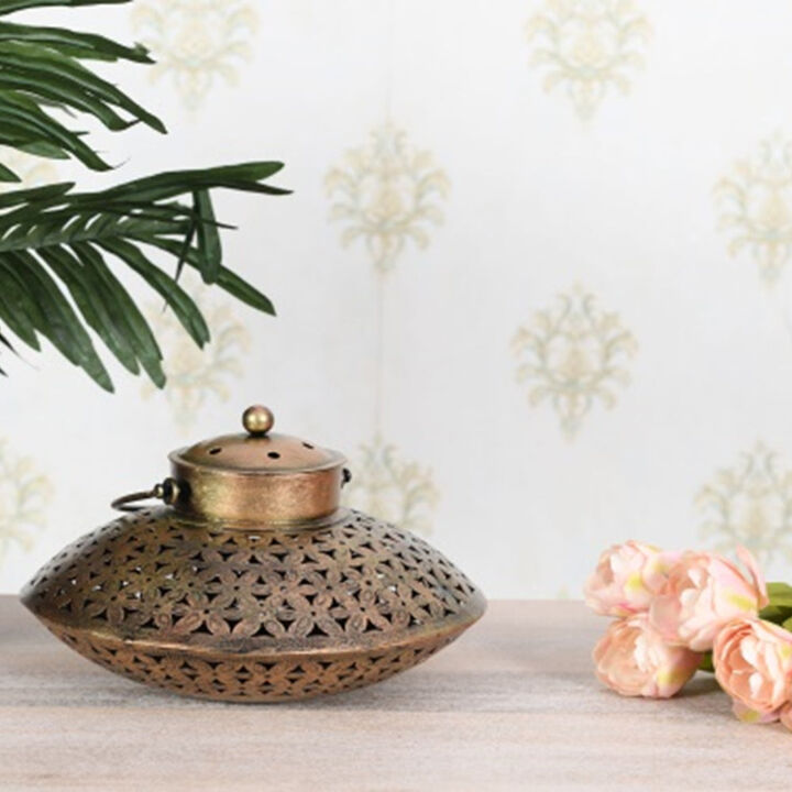Handmade Eco-Friendly Vintage Iron Antique Gold Finish Incense Burner 9"x9"x8.5" From BBH Homes