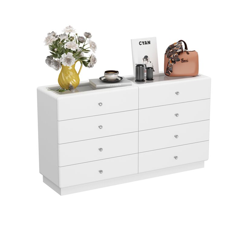 FUFU&GAGA Vanity Dresser with Glass-Top Display, 8 Drawers, LED Light, Adjustable Dividers, MDF (55.1" W x 13.8" D x 31.5" H), White