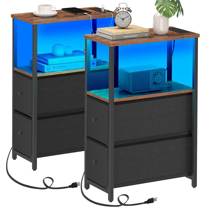 TUTOTAK Small Narrow LED End Table with Charging Station, Side Table Outlets, Nightstand with 2 Cloth Drawers, Set of 2, Couch T