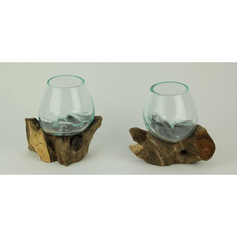 Molten Glass On Teak Driftwood Decorative Bowl Vase Terrarium Planter Set Of 2 image number 2