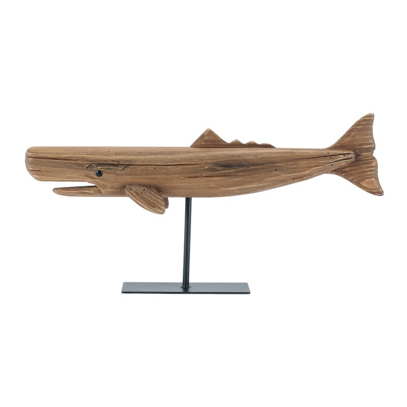 Set of 2 Pine Wood Whale Sculptures for Coastal Shelf, Mantel, or Tabletop Decor.