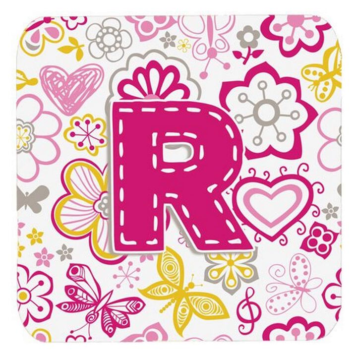 Caroline's Treasures CJ2005-RFC Letter R Flowers and Butterflies Pink Foam Coasters (Set of 4), 3.5, Multicolor