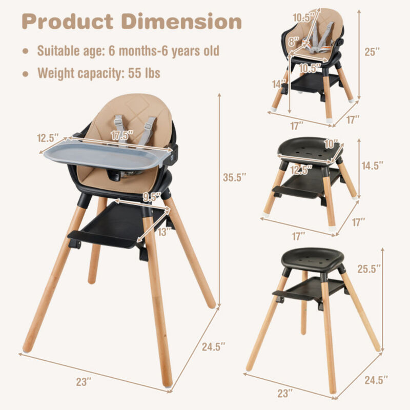 6-In 1-Baby High Chair with Removable Tray and Safety Harness image number 2