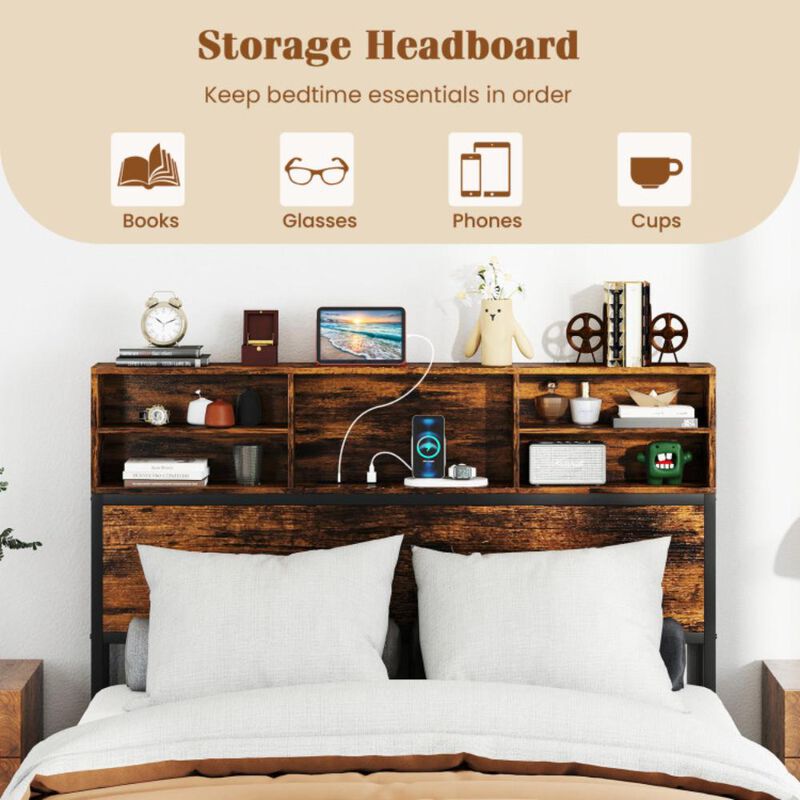 Hivvago Full Size Bed Frame with Storage Headboard Industrial Metal Platform Bed