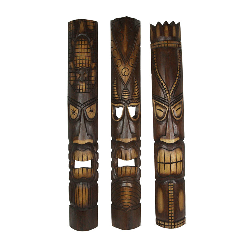 40 Inch Hand Carved Tiki Mask Wall Decor Tropical Beach Home Hanging Art Set / 3 image number 0