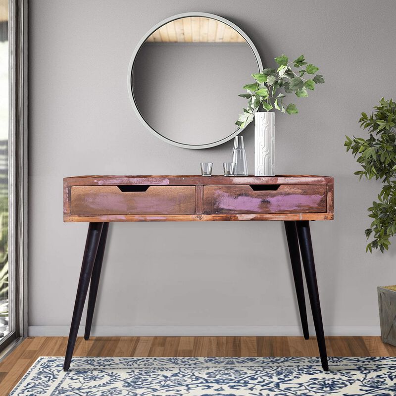 43 Inch 2 Drawer Reclaimed Wood Console Table, Angled Legs, Multi Tone Pastel Accent, Brown, Black-Benzara image number 2