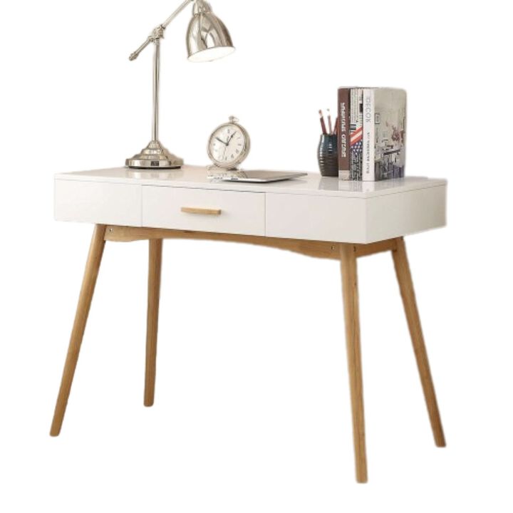 Hivvago Modern Laptop Writing Desk in White with Natural Mid-Century Style Legs