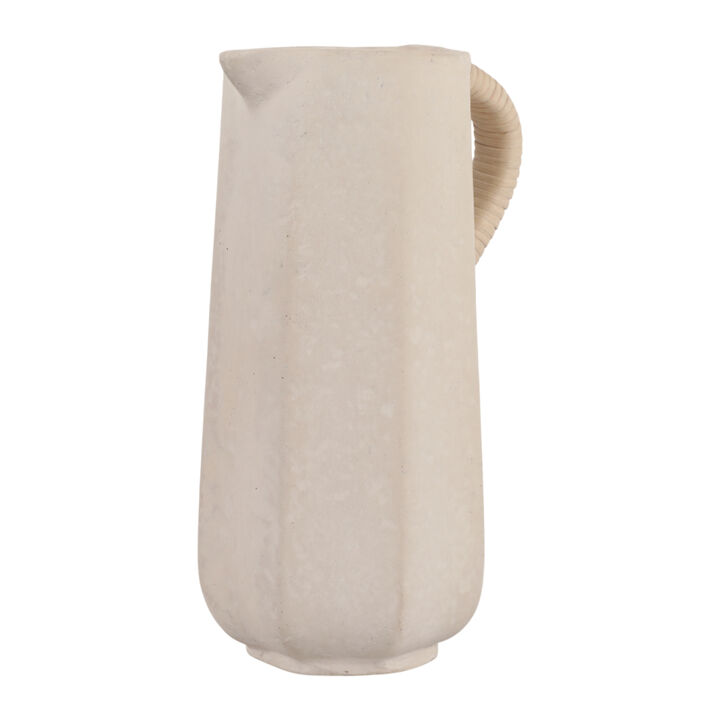 11x8" Paper Mache Jug W/ Rattan Handle, Ivory