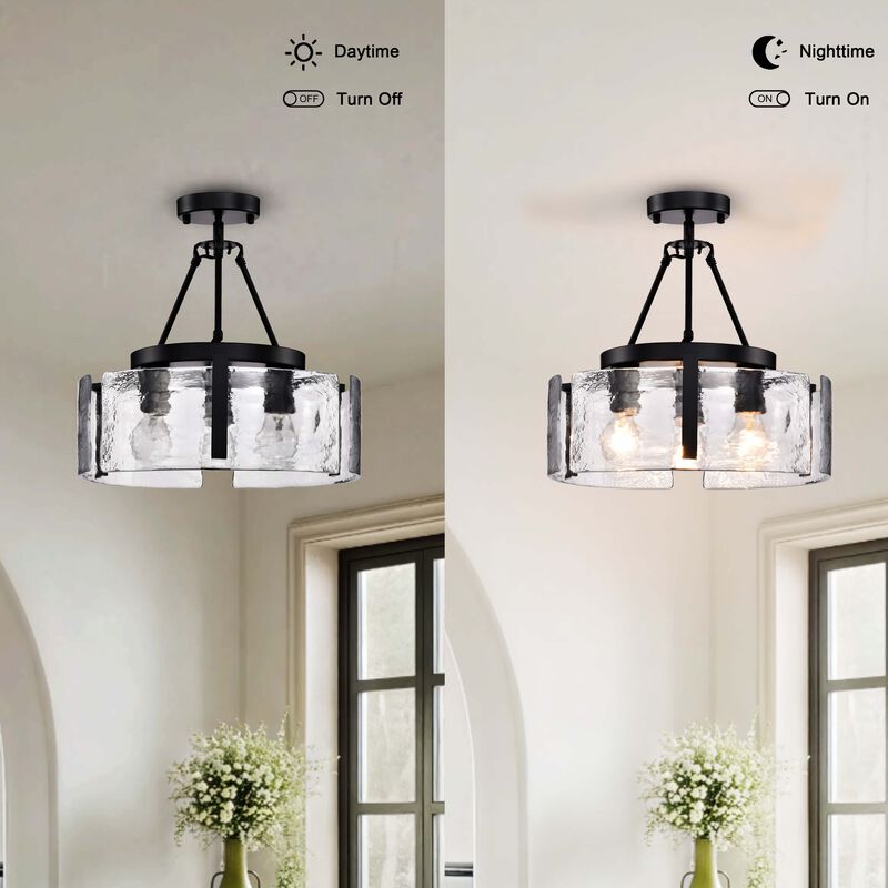 Cintia Black 3-Light Water Textured Glass Panel Drum Semi Flush Mount image number 8