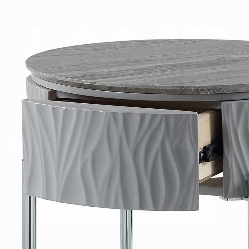 Doug Side End Table, 22 Inch Gray High Gloss Wood, Chrome Metal Finish