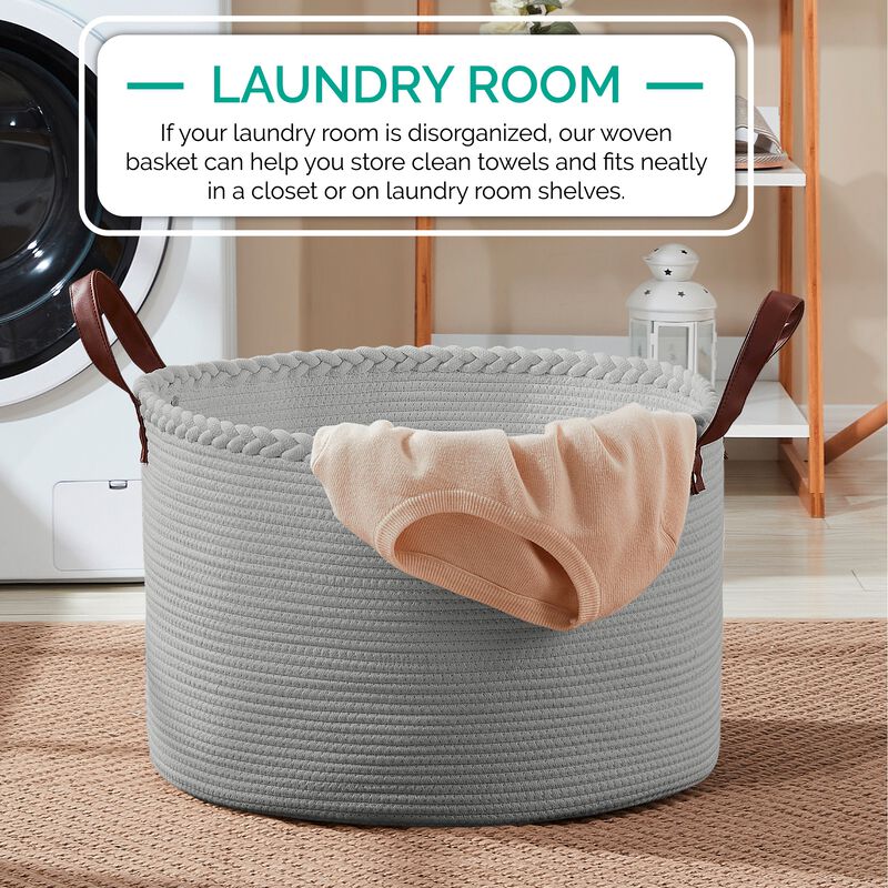 Extra Large Round Cotton Rope Storage Basket Laundry Hamper with Leather Handles