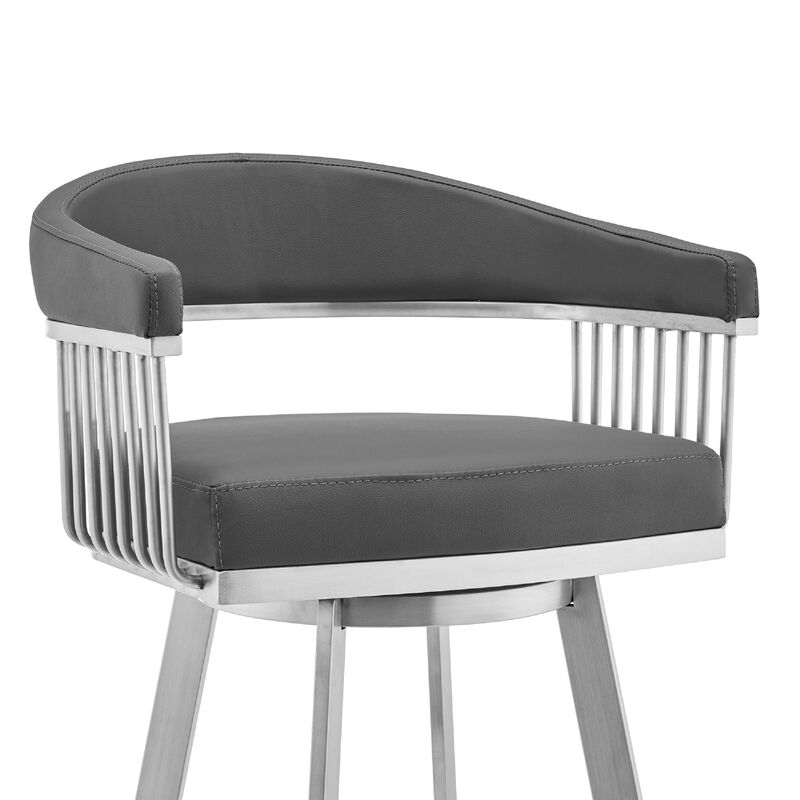 Swivel Barstool with Open Metal Frame and Slatted Arms, Gray and Silver-Benzara