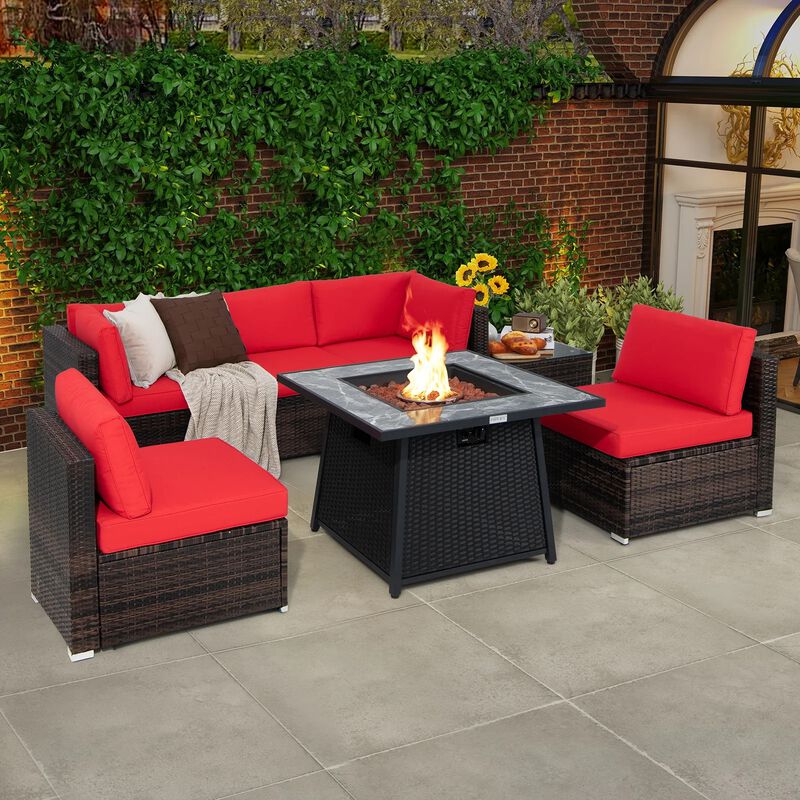 Mondawe Modular 7-Pcs Design PE Rattan Sofa Set,With 50K BTU Fire Pit & Detachable Cushions Chair