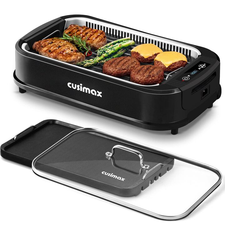 Cusimax Smokeless Electric Grill with Turbo Smoke Extractor, Portable Grill with 2 Non-Stick Grill Plates, Stainless Steel Indoor Grill