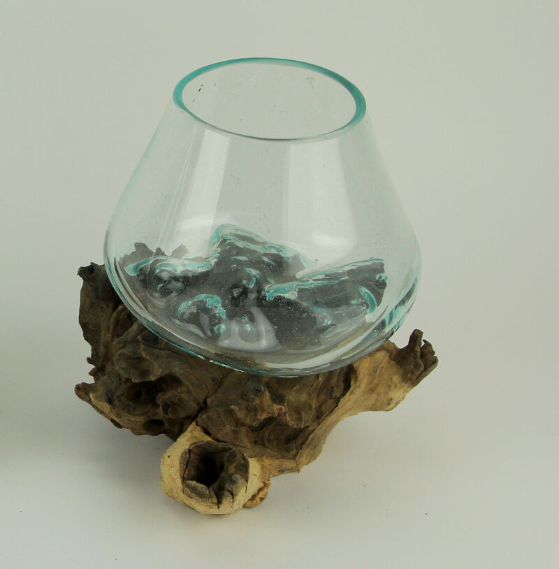 Clear Molten Glass On Teak Driftwood Base Decorative Bowl Vase Terrarium Planter image number 4