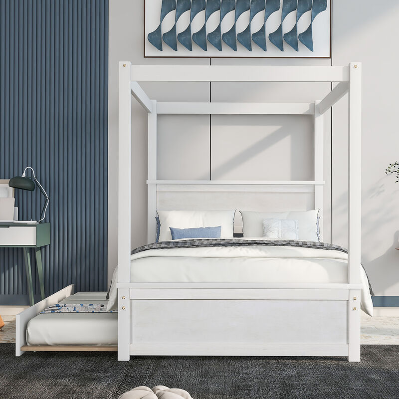 Merax Full Size Canopy Bed with Pull-out Trundle Bed image number 2