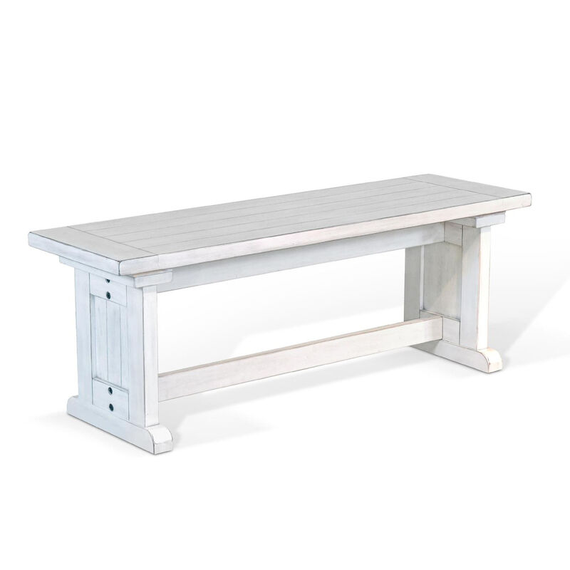 Sime Side Dining Bench, Plank Style, Off White Mahogany Wood 48 Inch