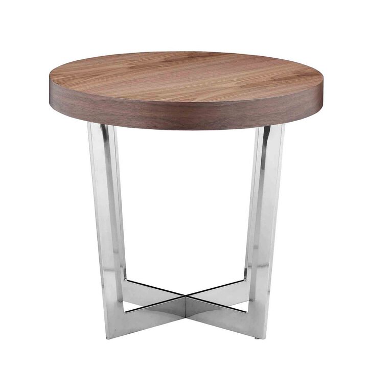 Tini 24 Inch Side End Table, Round Shaped Top, Metal Frame, Walnut Brown