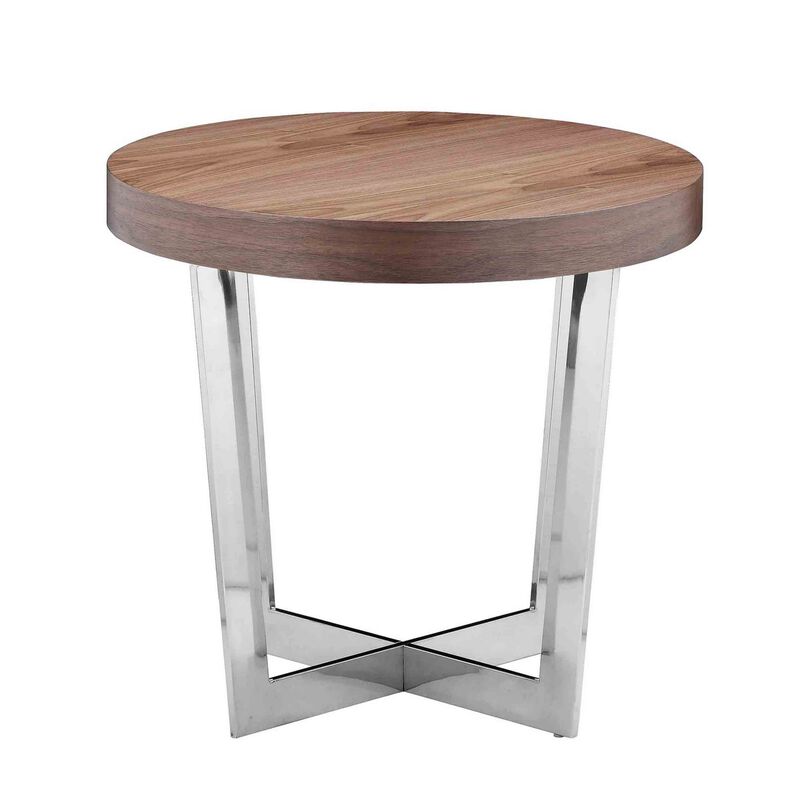 Tini 24 Inch Side End Table, Round Shaped Top, Metal Frame, Walnut Brown