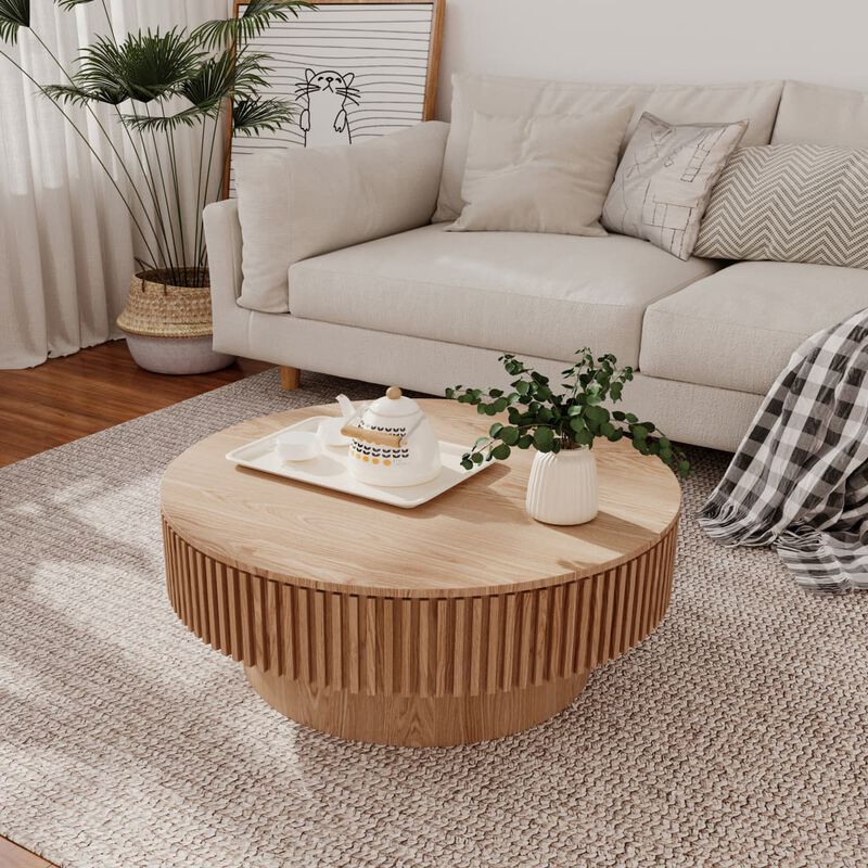 Round coffee table with storage Solid wood veneer and MDF coffee table with fluted base Modern accent coffee table for small spaces image number 6