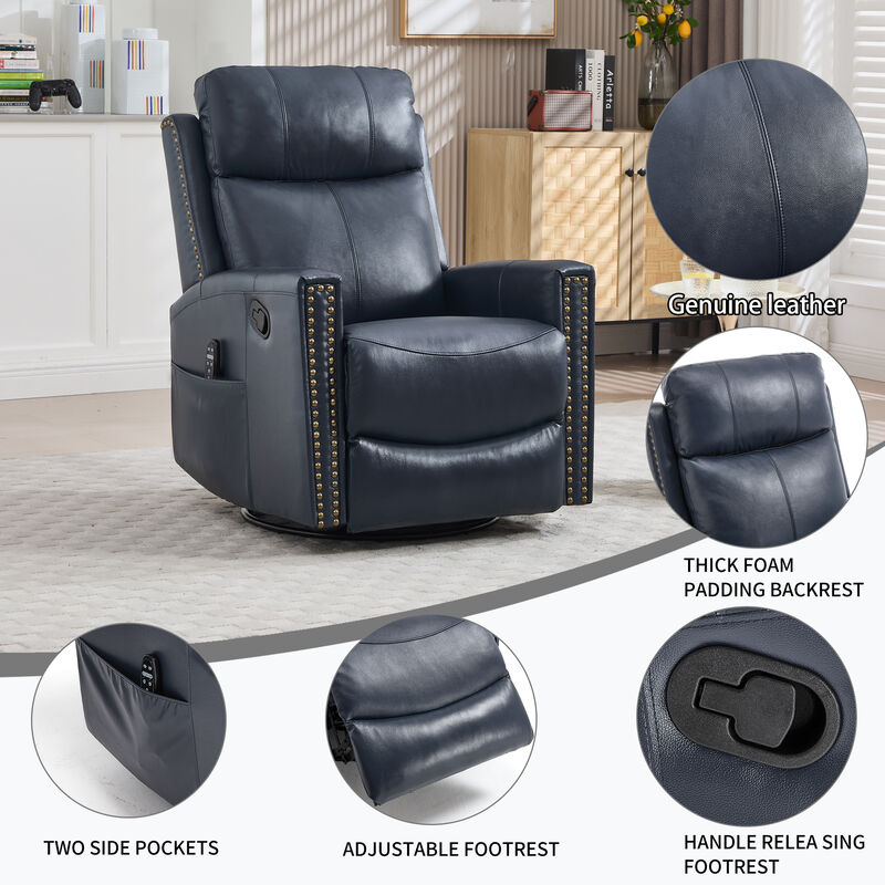 Genuine Leather Heat Massage Manual Recliner Chair with Rocker and Swivel for Living Room image number 9