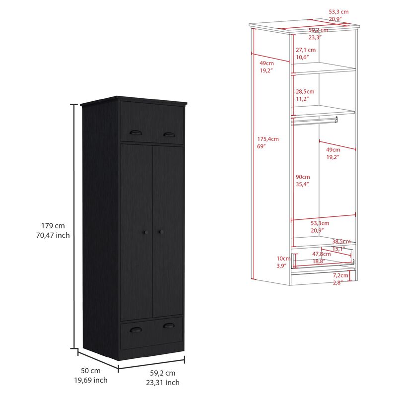 Falkland Armoire with 1 Drawer and 1 Hinged Drawer with Handles -Black