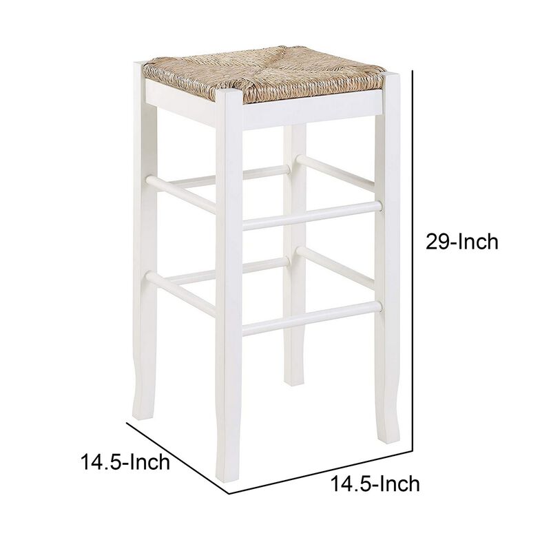 Square Wooden Frame Barstool with Hand Woven Rush, White and Brown