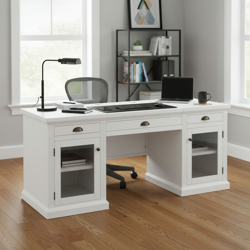 Whisen 67" Modern Executive Desk with 2 Glass Doors & 3 Drawers, Glass & Solid Wood Computer Workstation for Home Office image number 2