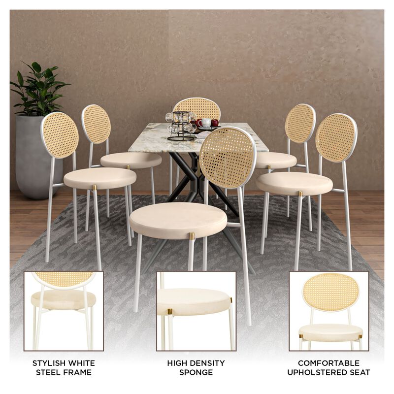 LeisureMod Velvet/Leather Dining Chair Rattan Back Side Chair Comfortable Kitchen Chair with Stainless Steel Base Euston Collection, Set of 4
