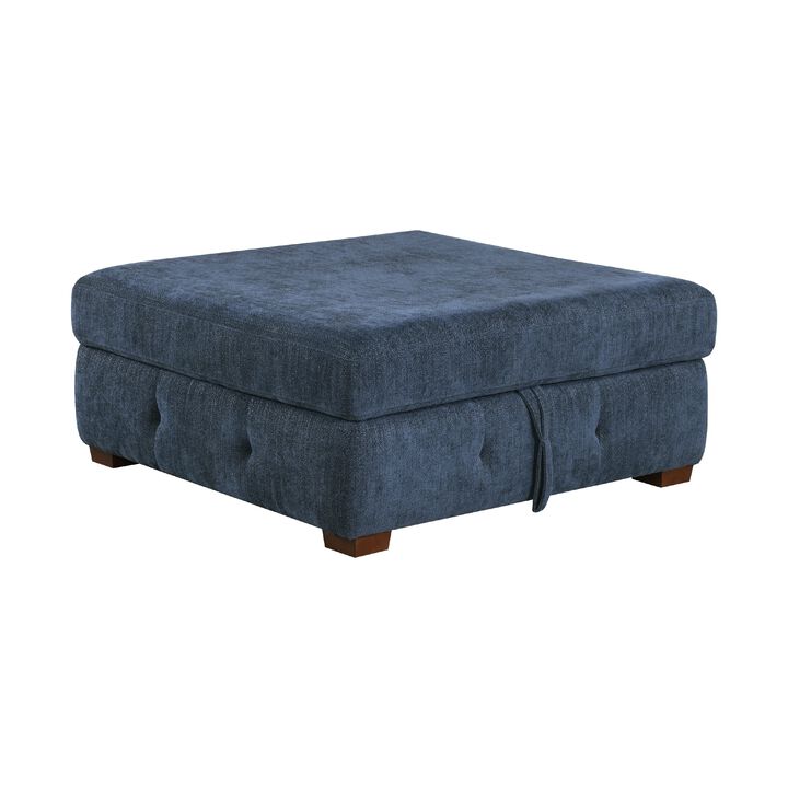 Rez Storage Ottoman, 40 Inch, Tufted Blue Chenille Cushion
