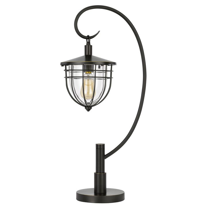 30 Inch Metal Downbridge Lantern Table Lamp, Bronze Black-Benzara