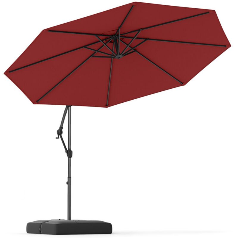 10 Feet Offset Hanging Umbrella with Base Patio Cantilever Umbrella with Tilt-Red image number 0