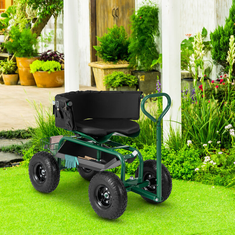 Cushioned Rolling Garden Cart Scooter with Storage Basket and Tool Pouch