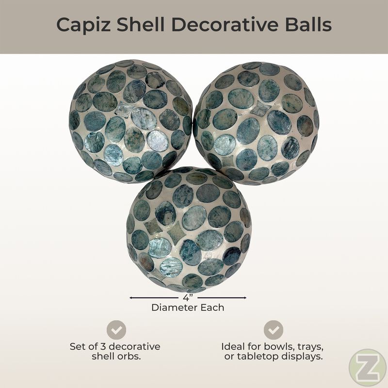 Sea Blue Capiz Shell 4 Inch Decorative Orbs Set Of 3 Coastal Balls image number 4