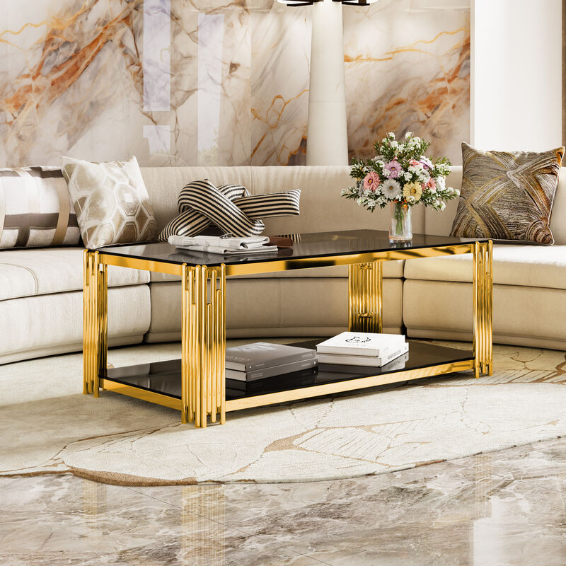 Merax Modern Black Mirror Coffee Table - Gold Asymmetrical Metal Frame with Lower Shelf