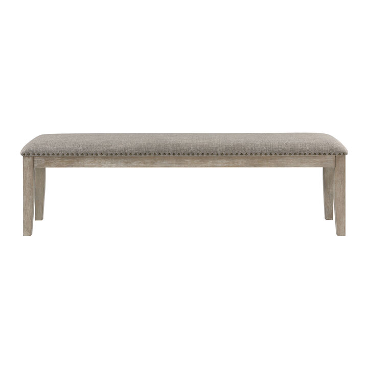 Ruth 64 Inch Bench, Nailhead Trim, Polyester Upholstery, Gray Solid Wood - Benzara
