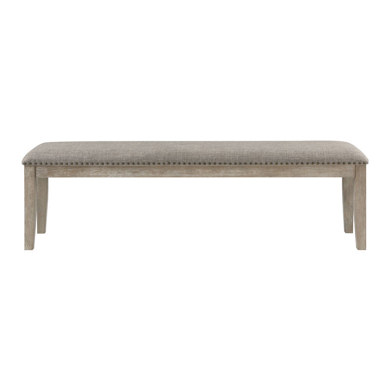 Ruth 64 Inch Bench, Nailhead Trim, Polyester Upholstery, Gray Solid Wood - Benzara