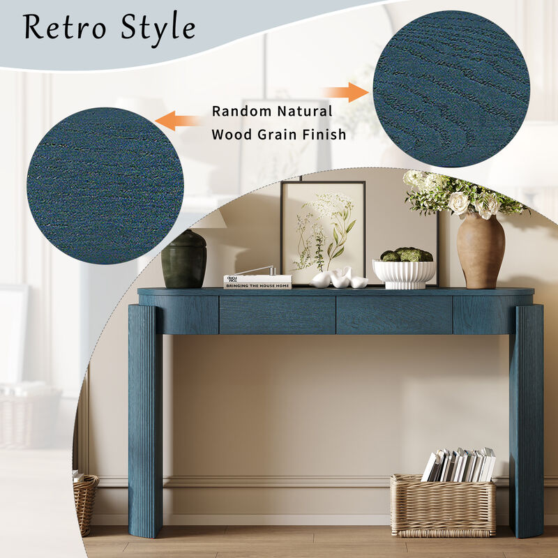 Merax Entryway Table with Natural Wood Grain Finish, Console Table with Fluted Design, Oval Top and 2 Drawers