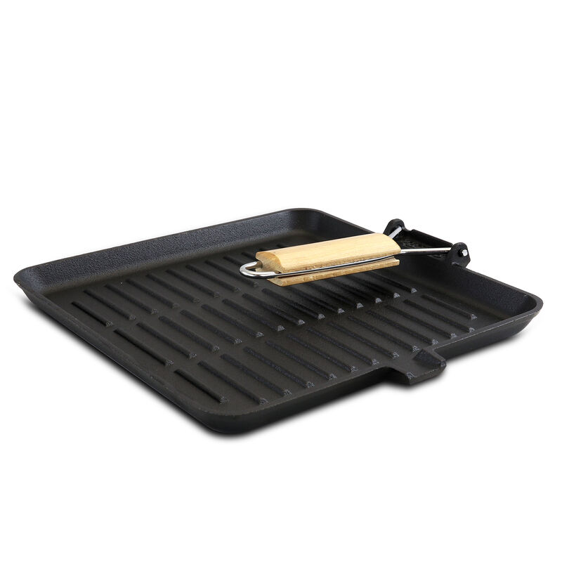 General Store Addlestone 11 Inch Pre-Seasoned Cast Iron Grill Pan with Foldable Wooden Handle