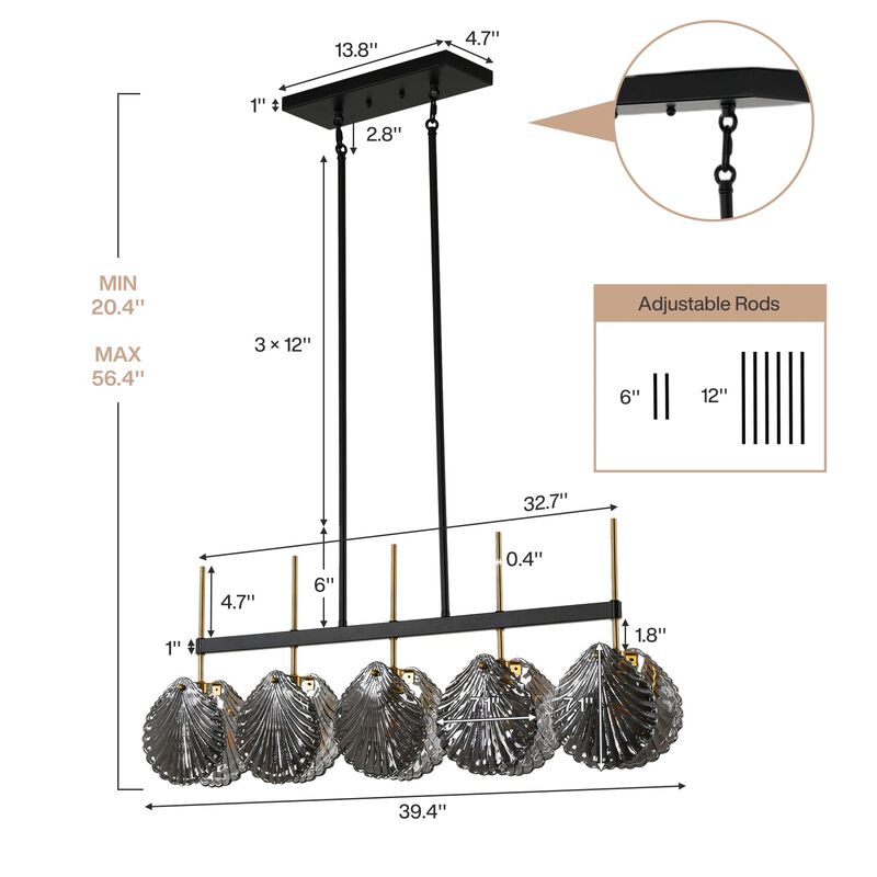 Five-Light Linear Chandelier, Smoky Gray Shell Glass, Black and Gold image number 2