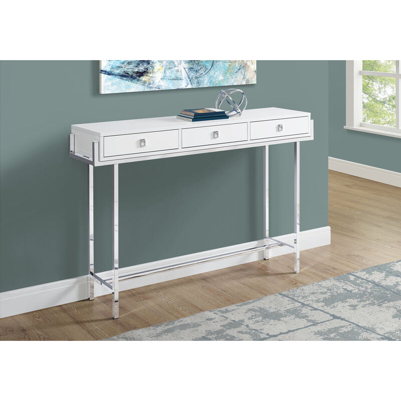 Monarch Specialties I 3297 Accent Table, Console, Entryway, Narrow, Sofa, Storage Drawer, Living Room, Bedroom, Metal, Laminate, Glossy White, Chrome, Contemporary, Modern