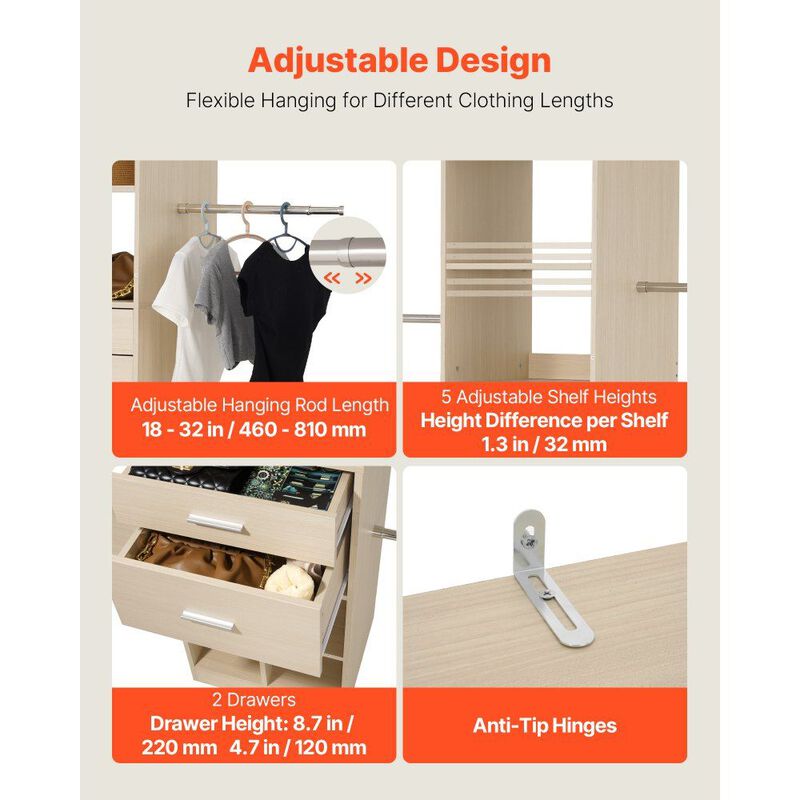 Modern Closet Organizer with 2 Drawers and 5 Retractable Hanging Rods, Grey image number 5