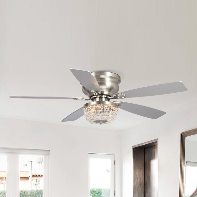 48" Modern Nickel Low Profile Crystal Ceiling Fan Chandelier with Light and Remote