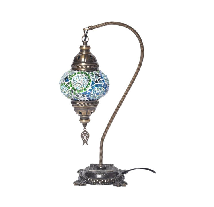 18 in. Handmade Swan Neck Turquoise Mosaic Glass Table Lamp with Brass Color Metal Base