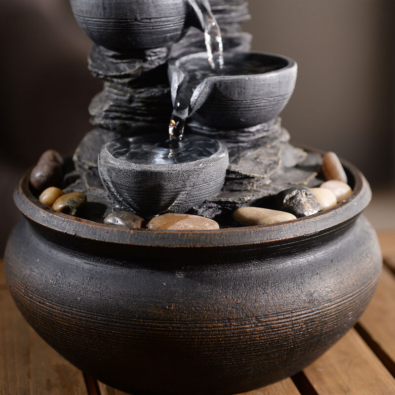 4-Tier Tabletop Water Fountain with LED Lights, Stone Gray image number 4