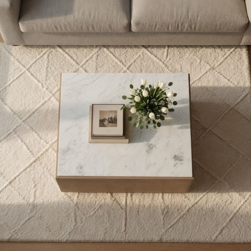 Joi 38 Inch Square Coffee Table, Real White Marble Top, Solid Mango Wood Base, Sandblasted Light Brown image number 8