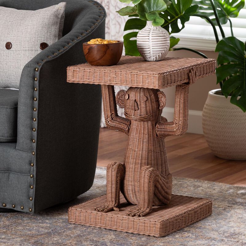 bali & pari Miyoco Monkey End Table - Handwoven Rattan Sculptural Accent Side Table with Platform Base image number 6