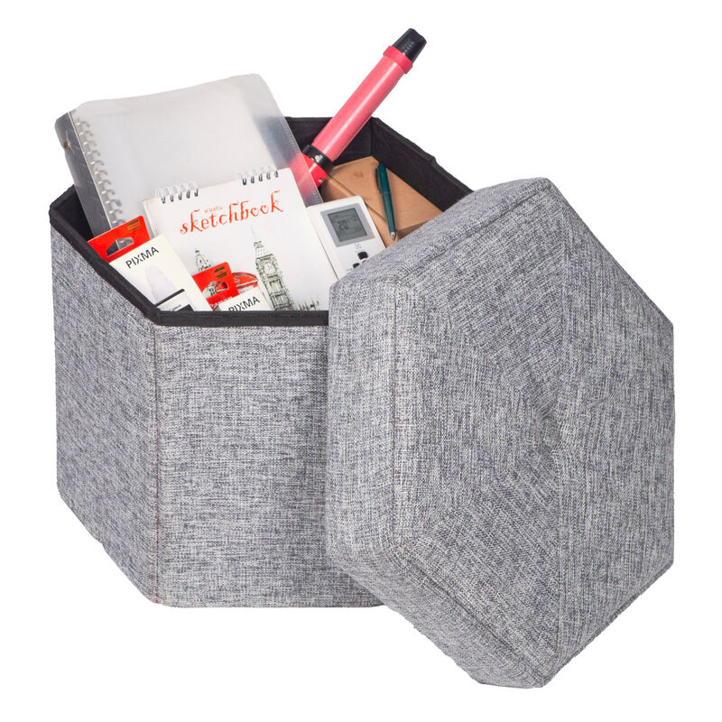 Medium Decorative Grey Foldable Hexagon Ottoman for Living Room, Bedroom, Dining, Playroom or Office