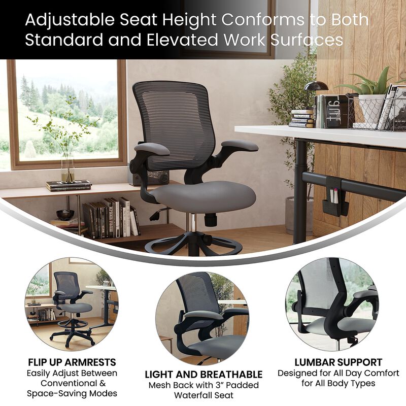 Flash Furniture Kale Mid-Back Dark Gray Mesh Ergonomic Drafting Chair | Adjustable Foot Ring, Flip-Up Arms
